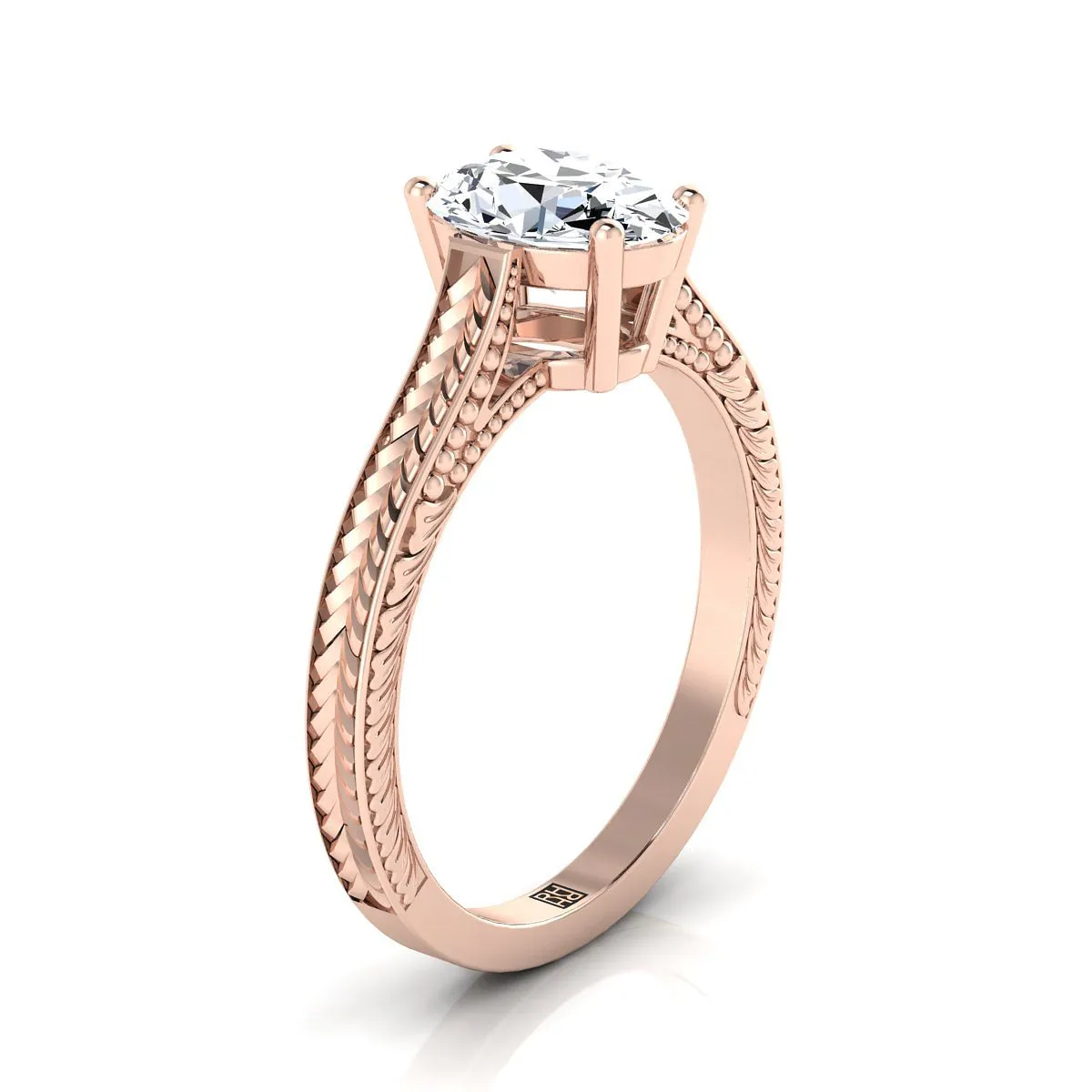 14K Rose Gold Oval  Hand Engraved Vintage Cathedral Style Solitaire Engagement Ring