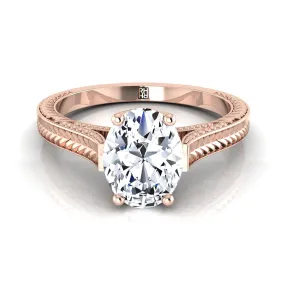 14K Rose Gold Oval  Hand Engraved Vintage Cathedral Style Solitaire Engagement Ring