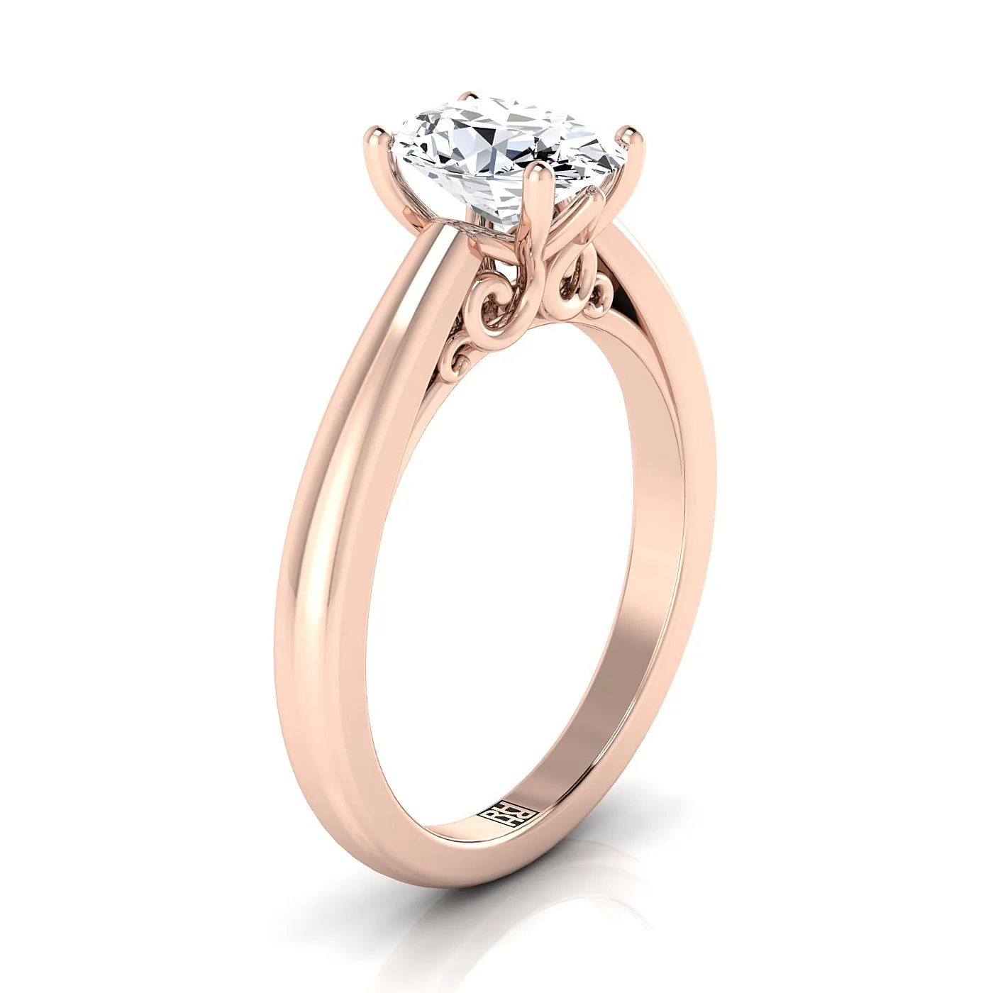 14K Rose Gold Oval Scroll Gallery Comfort Fit Solitaire Engagement Ring