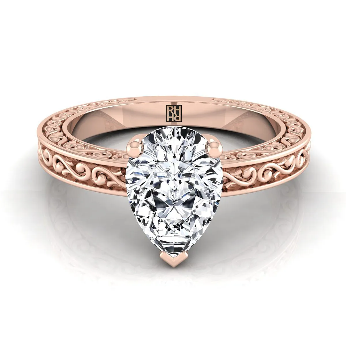 14K Rose Gold Pear Shape Center Hand Engraved Scroll Vintage Solitaire Engagement Ring