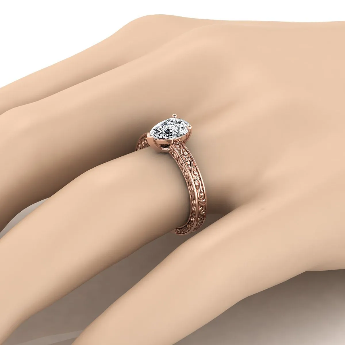 14K Rose Gold Pear Shape Center Hand Engraved Scroll Vintage Solitaire Engagement Ring