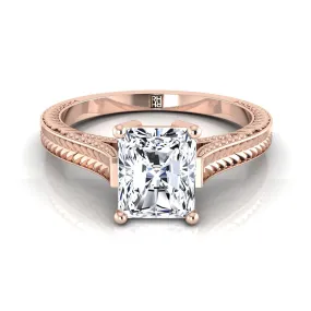 14K Rose Gold Radiant Cut Center  Hand Engraved Vintage Cathedral Style Solitaire Engagement Ring