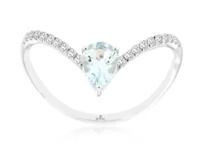 14K White Gold Aquamarine and Diamond Chevron Style Ring