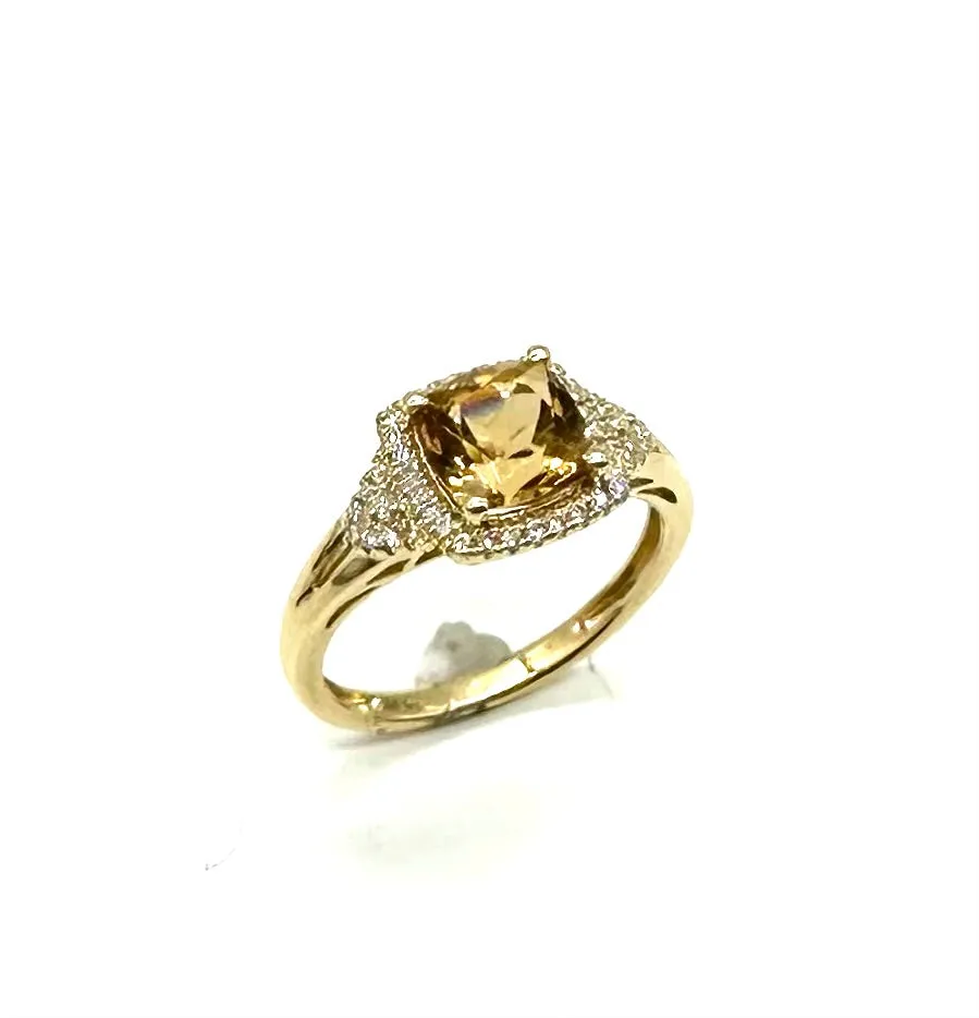 14k Yellow Gold Cushion Cut Citrine Ring with Diamond Halo