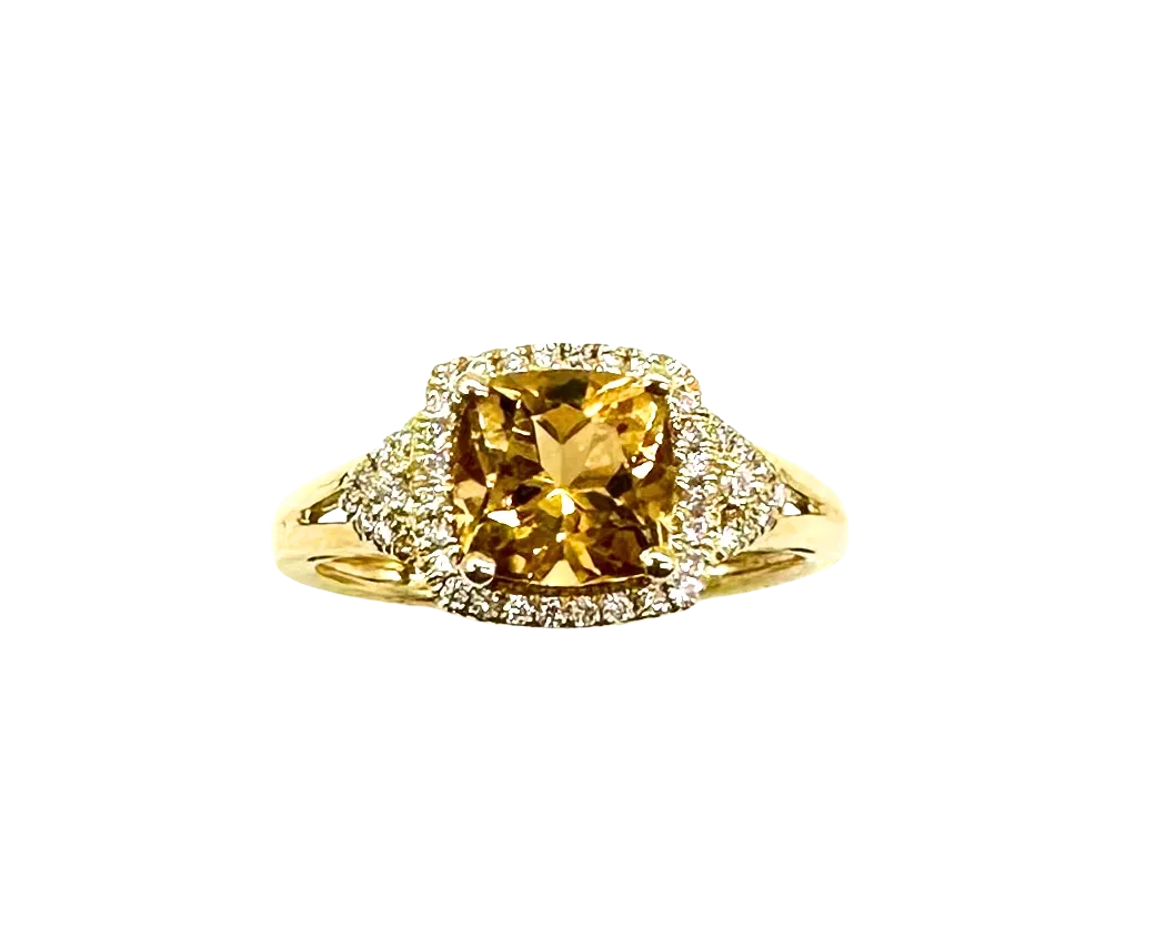 14k Yellow Gold Cushion Cut Citrine Ring with Diamond Halo