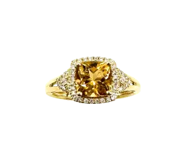 14k Yellow Gold Cushion Cut Citrine Ring with Diamond Halo