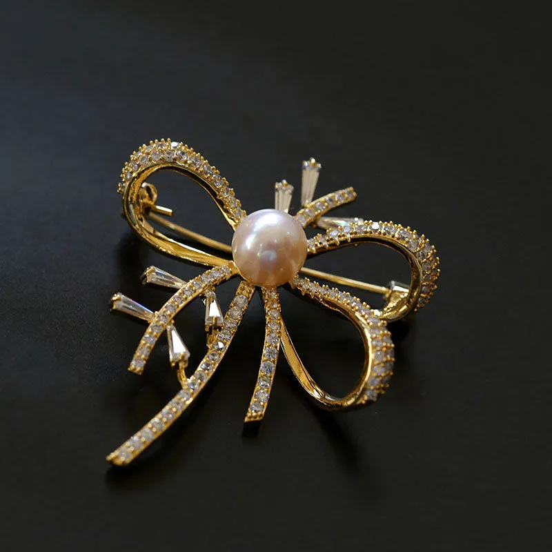 18K Gold Plated Cubic Zirconia Freshwater Pearl Ribbon Bow Brooch