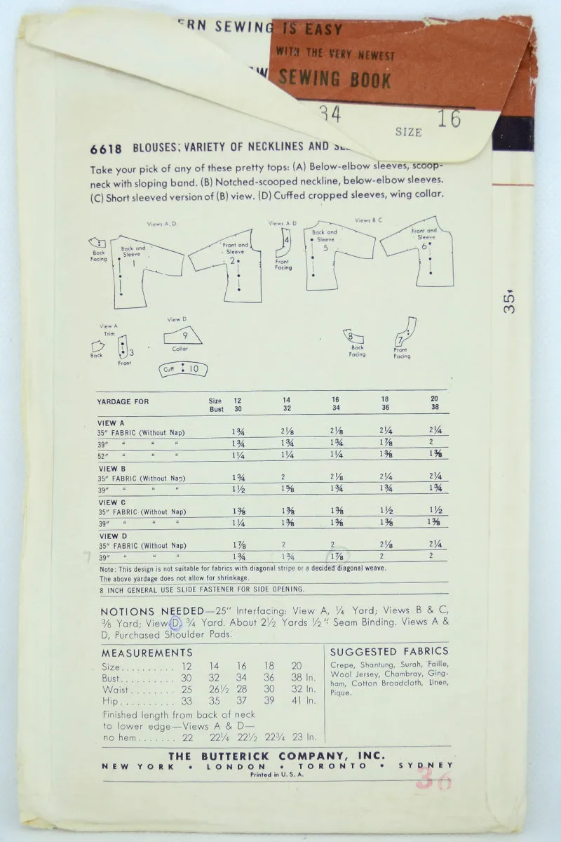 1953 Butterick 6618 Vintage Blouse Sewing Pattern