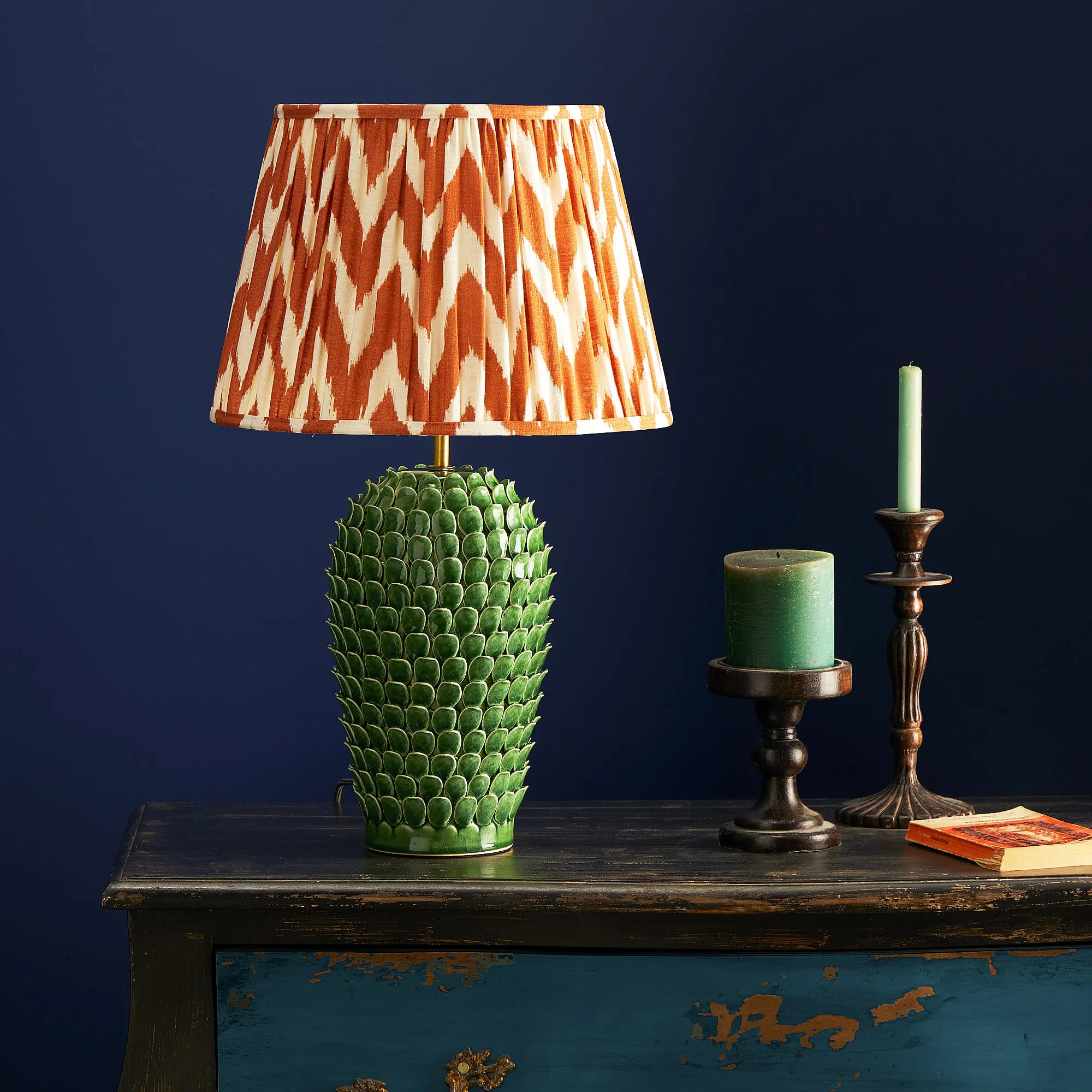 25cm empire gathered lampshade in orange printed linen ikat