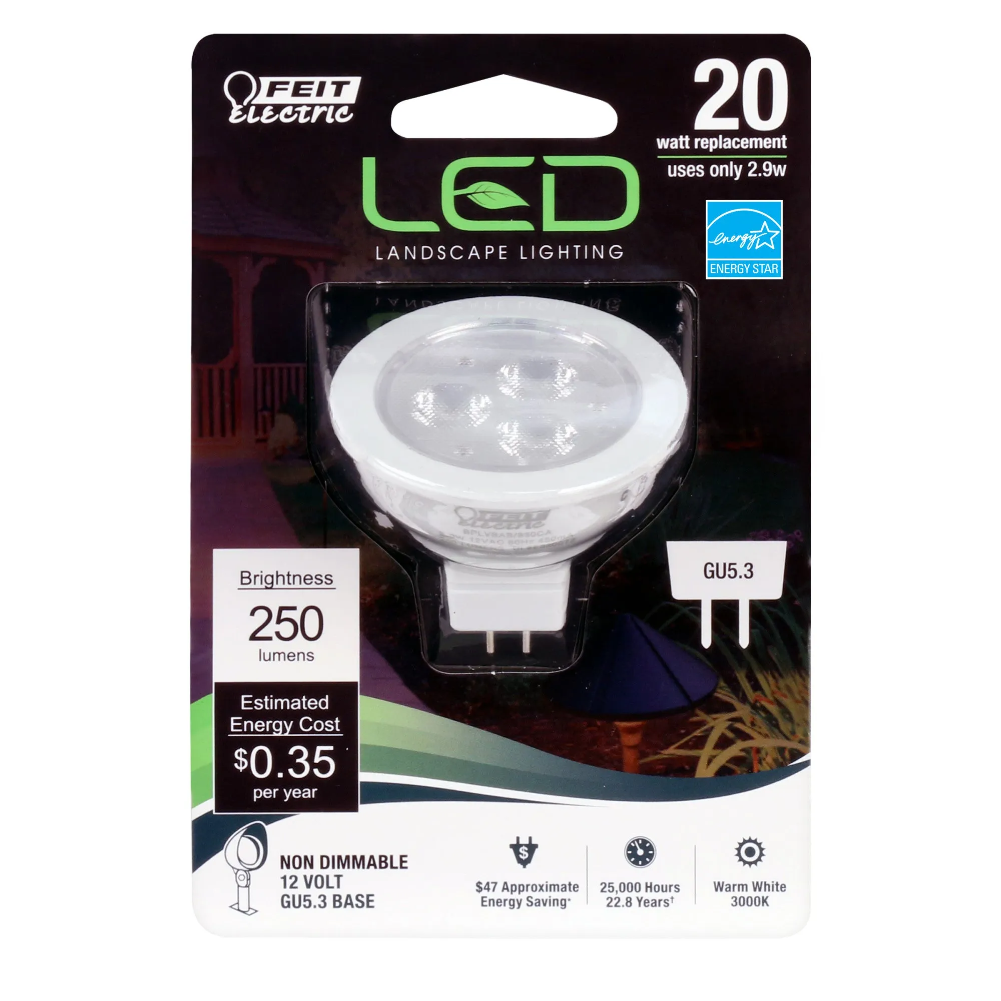 2.9W (20W Replacement) Warm White (3000K)GU5.3 Base MR16 Landscape LED