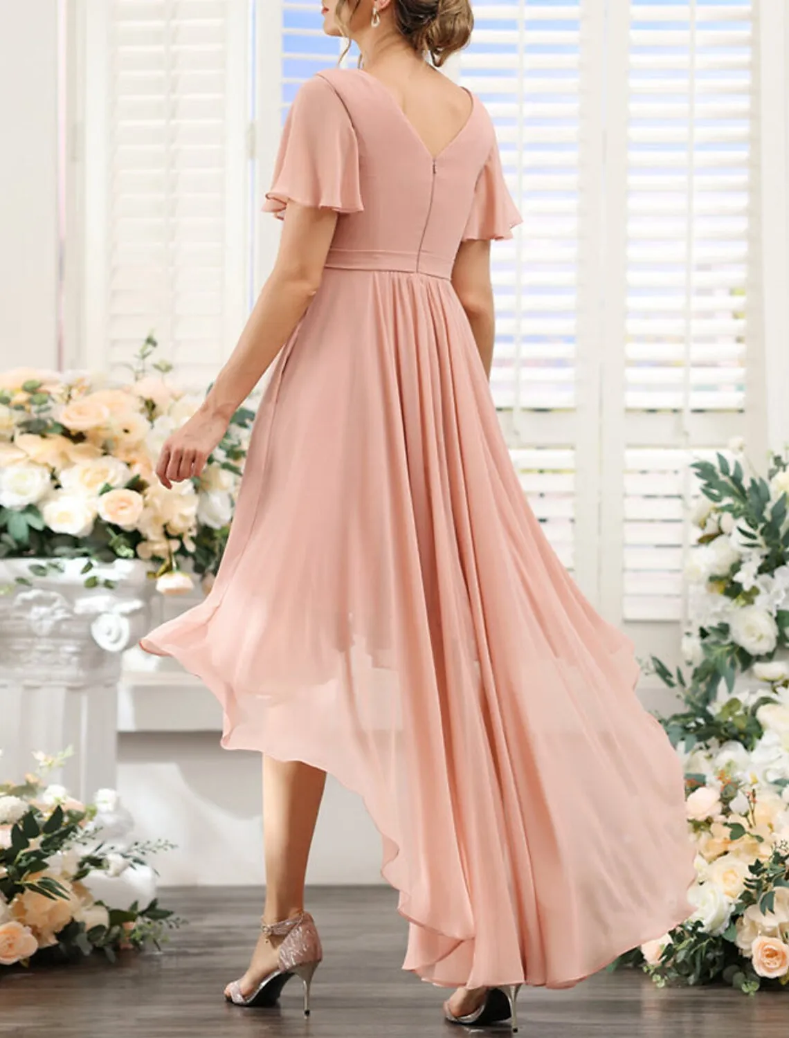 A-Line Bridesmaid Dress V Neck Short Sleeve Pink Asymmetrical Chiffon with Ruching / Solid Color