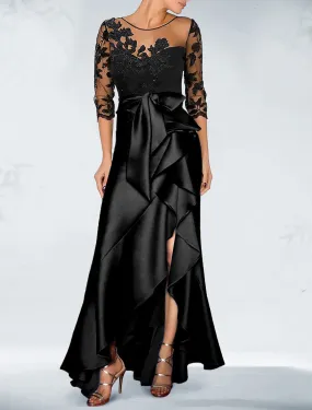 A-Line Cocktail Dresses Black Dress Dress Wedding Guest Fall Asymmetrical 3/4 Length Sleeve Jewel Neck Satin with Bow(s) Beading Appliques