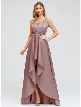 A-Line Elegant Wedding Guest Cocktail Party Dress V Neck V Back Sleeveless Asymmetrical Polyester with Crystals Beading