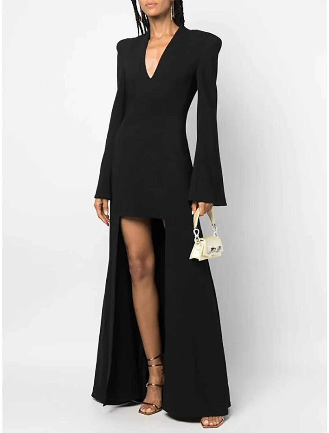 A-Line Evening Gown Elegant Dress Formal Asymmetrical Black Dress Long Sleeve V Neck Stretch Fabric with Pleats