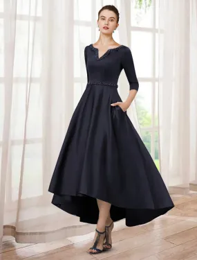 A-Line Mother of the Bride Dress Elegant High Low V Neck Asymmetrical Tea Length Satin Half Sleeve with Beading