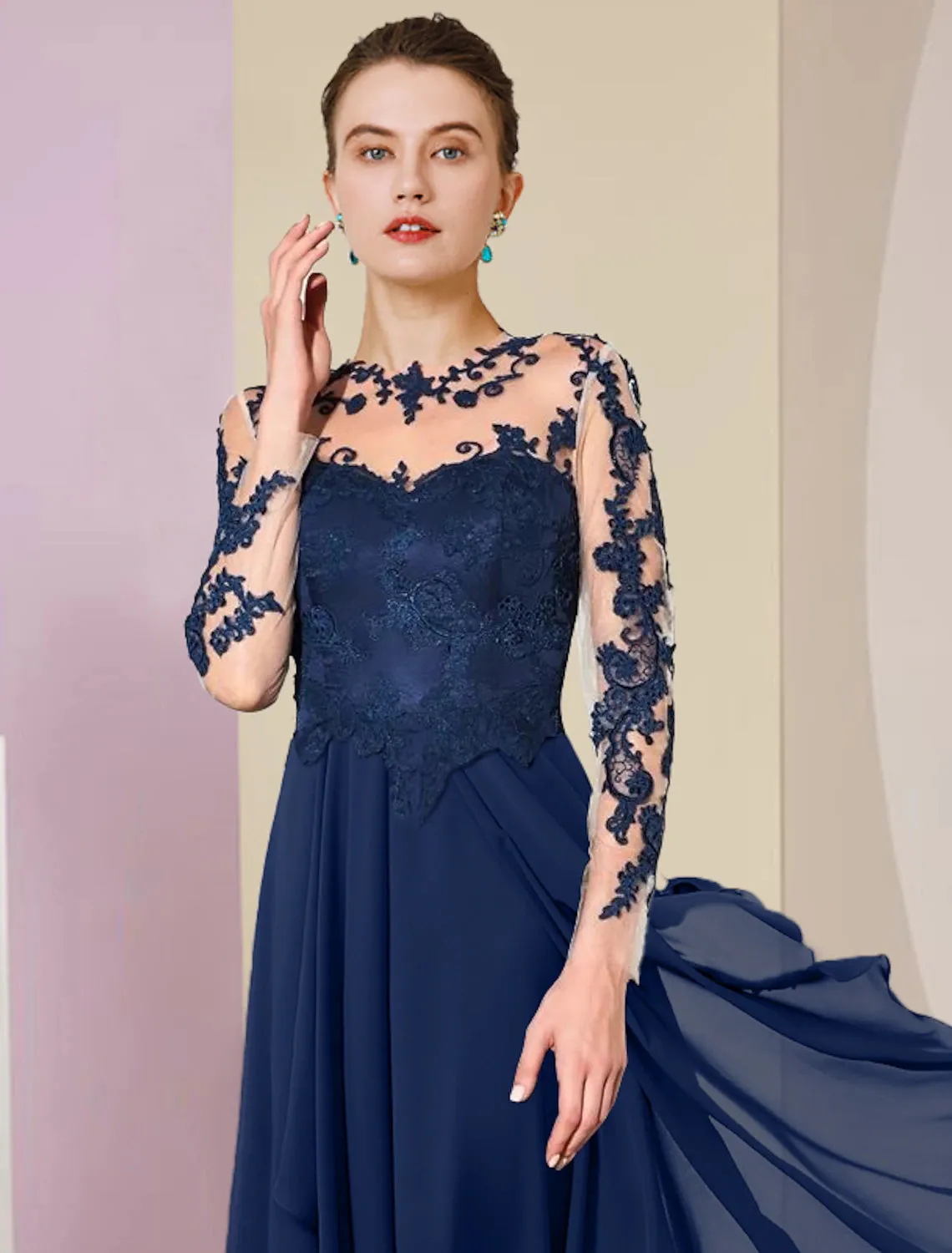 A-Line Mother of the Bride Dress Formal Wedding Guest Elegant High Low Scoop Neck Asymmetrical Tea Length Chiffon Lace 3/4 Length Sleeve with Pleats Appliques