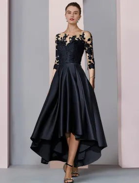 A-Line Mother of the Bride Dress Wedding Guest Elegant High Low Scoop Neck Asymmetrical Tea Length Satin Lace 3/4 Length Sleeve with Pleats Appliques