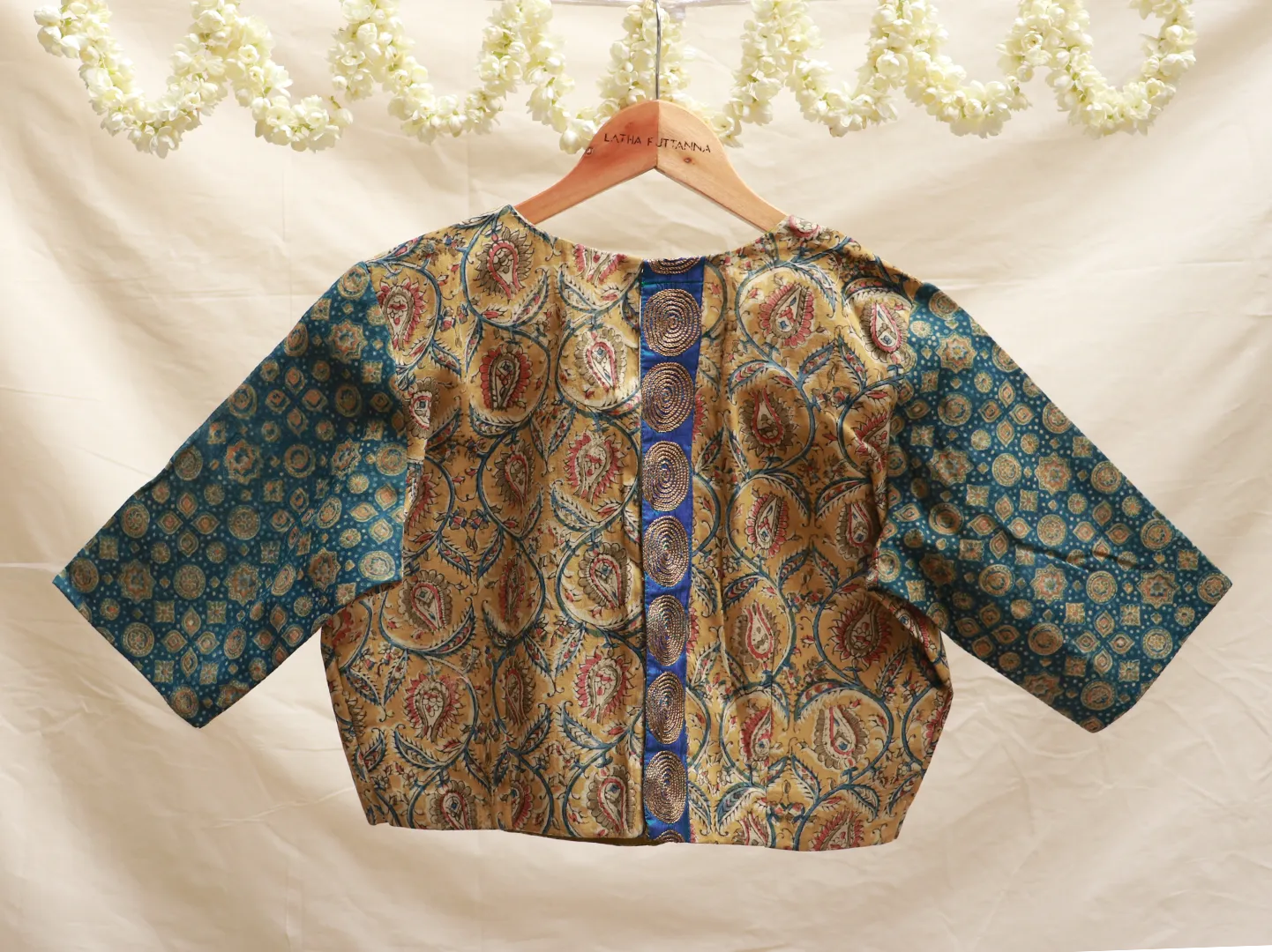 Aegean Blue and cyber yellow Ajrak blouse