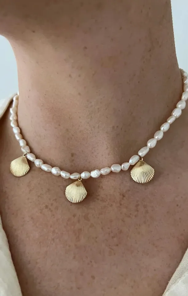 ALV Jewels Scalloped Shell Pearl Necklace ~ Pearl/Gold