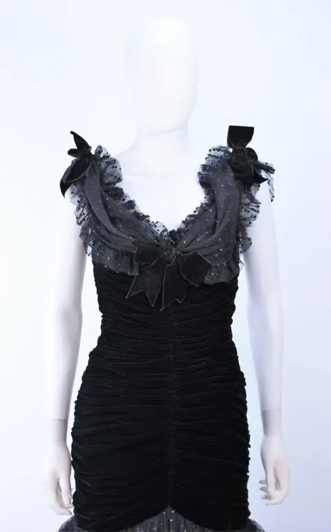 BELVILLE SASSON Black Velvet and Lace Ruched Gown Size 2