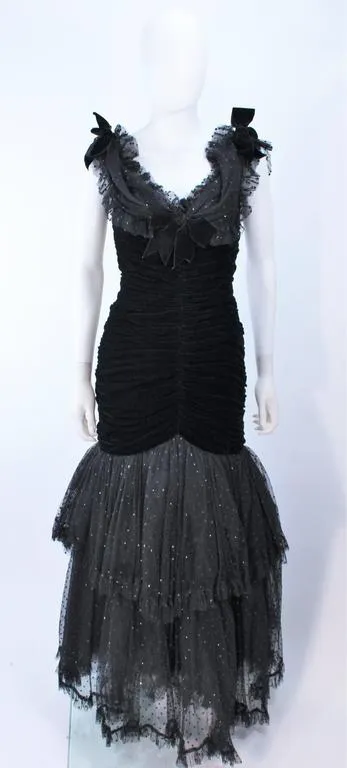 BELVILLE SASSON Black Velvet and Lace Ruched Gown Size 2