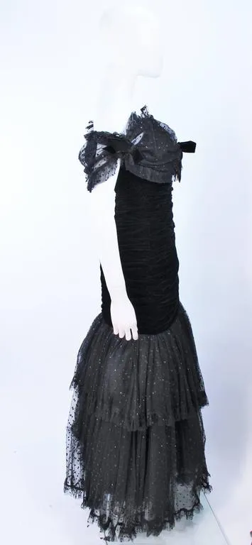 BELVILLE SASSON Black Velvet and Lace Ruched Gown Size 2