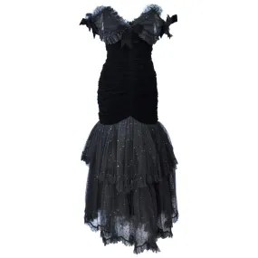 BELVILLE SASSON Black Velvet and Lace Ruched Gown Size 2