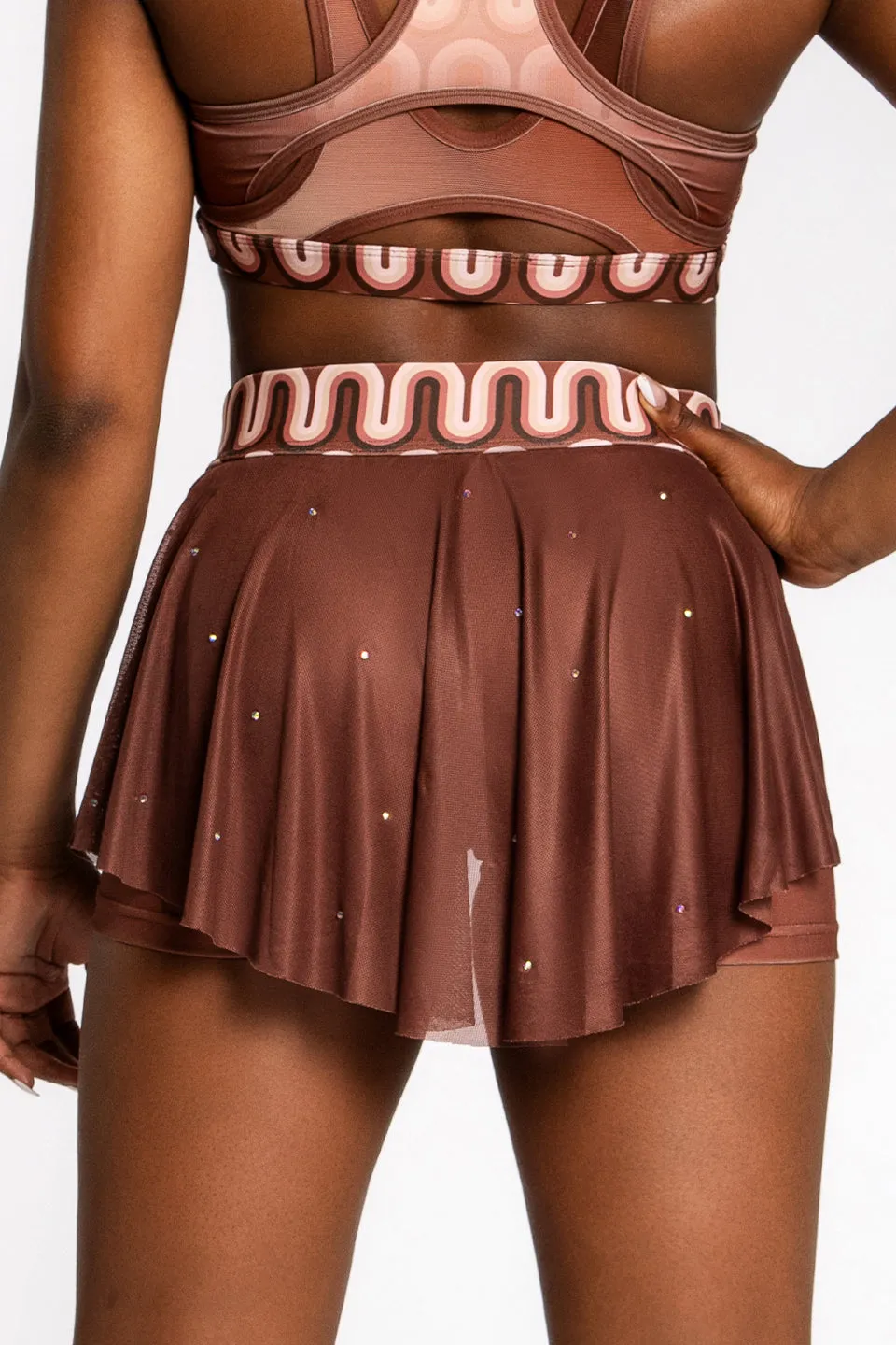 Black Girls Cheer Mesh Overlay Skirt in Mocha