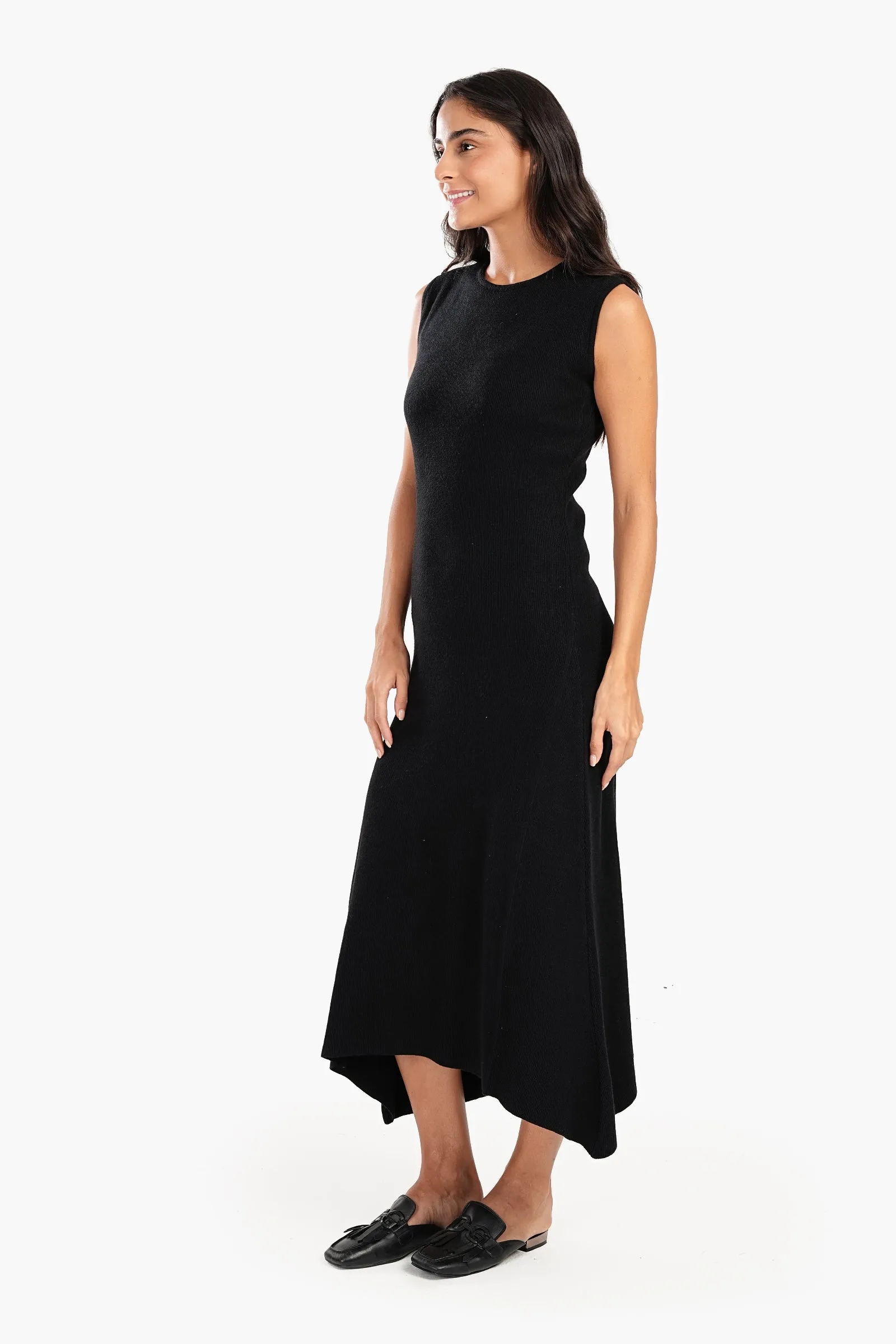 Black Ribbed Asymmetrical Dress