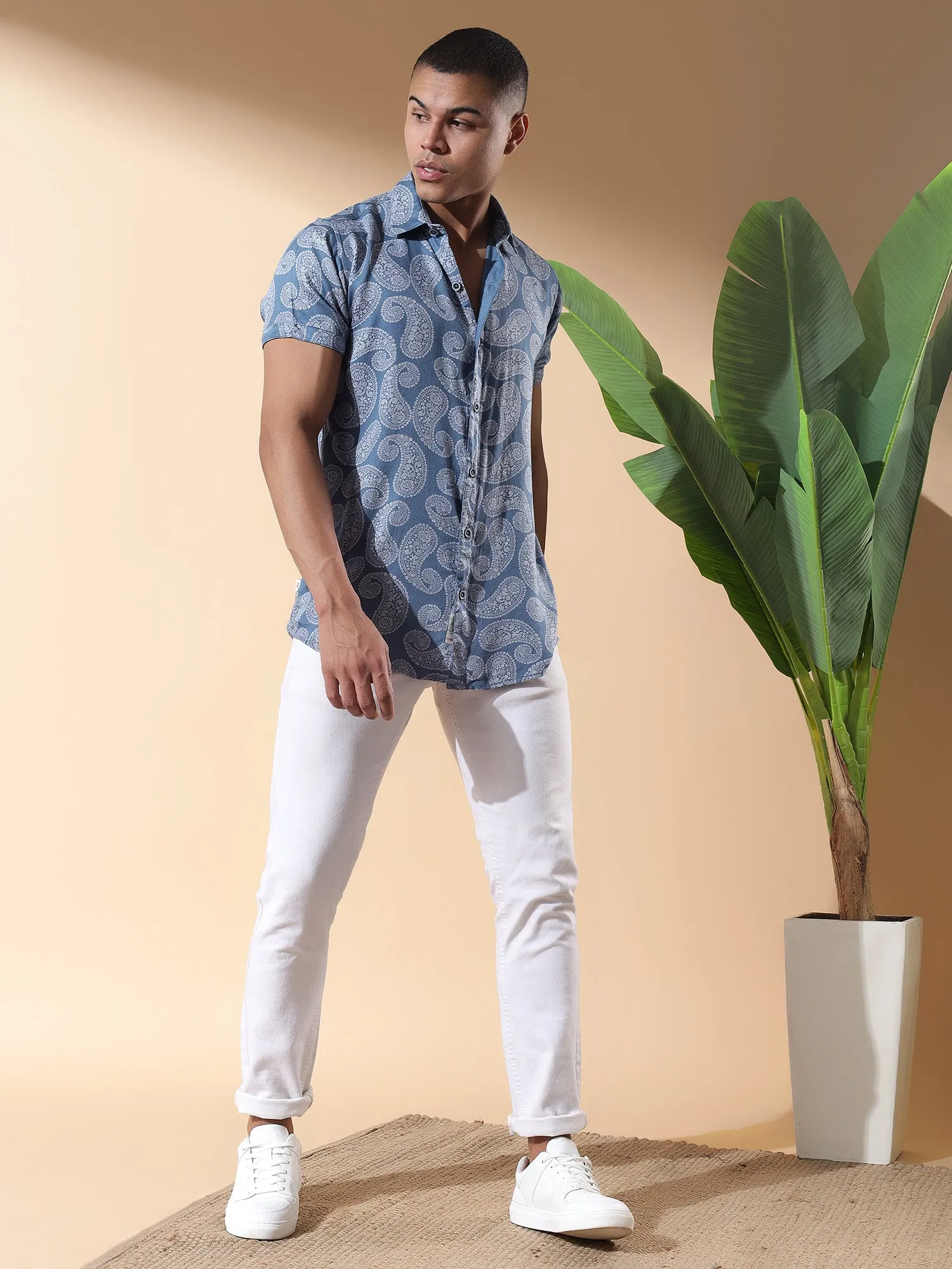 Blue Half Casual Printed Cotton Shirt Regular Fit For Man-Blue