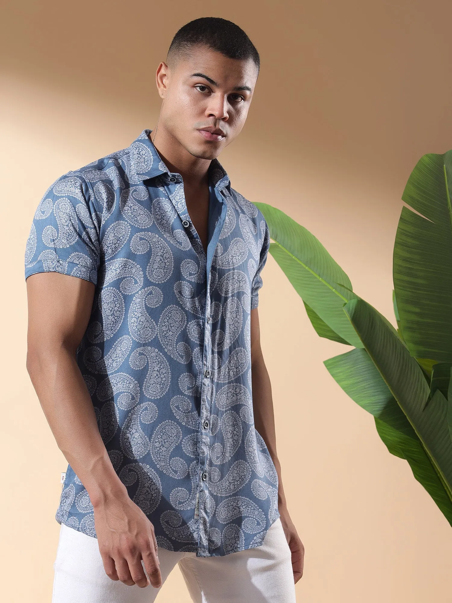 Blue Half Casual Printed Cotton Shirt Regular Fit For Man-Blue