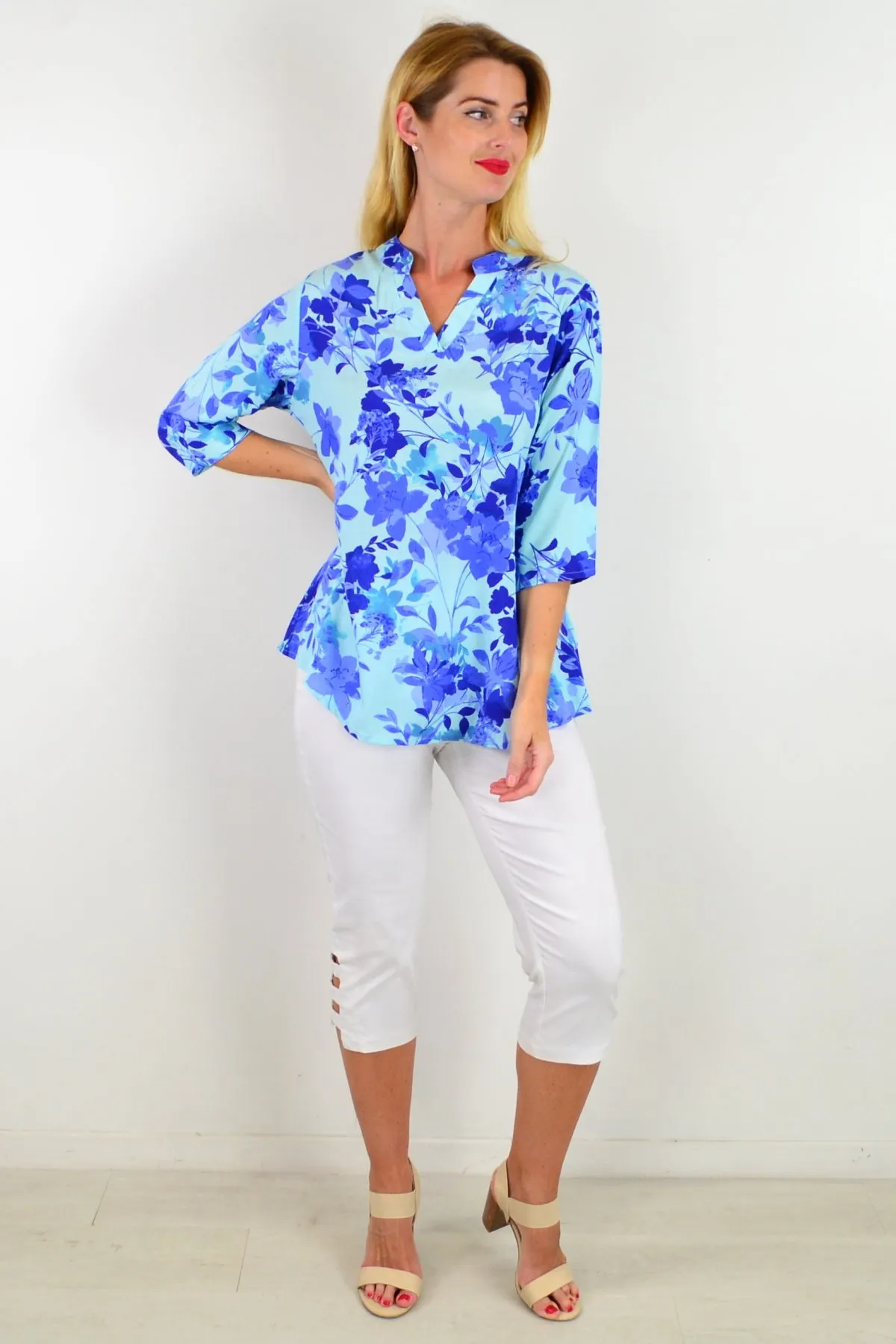 Blue Pop Of Colour Floral Tunic Top