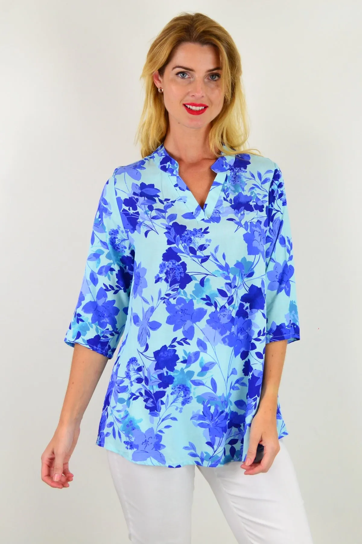 Blue Pop Of Colour Floral Tunic Top