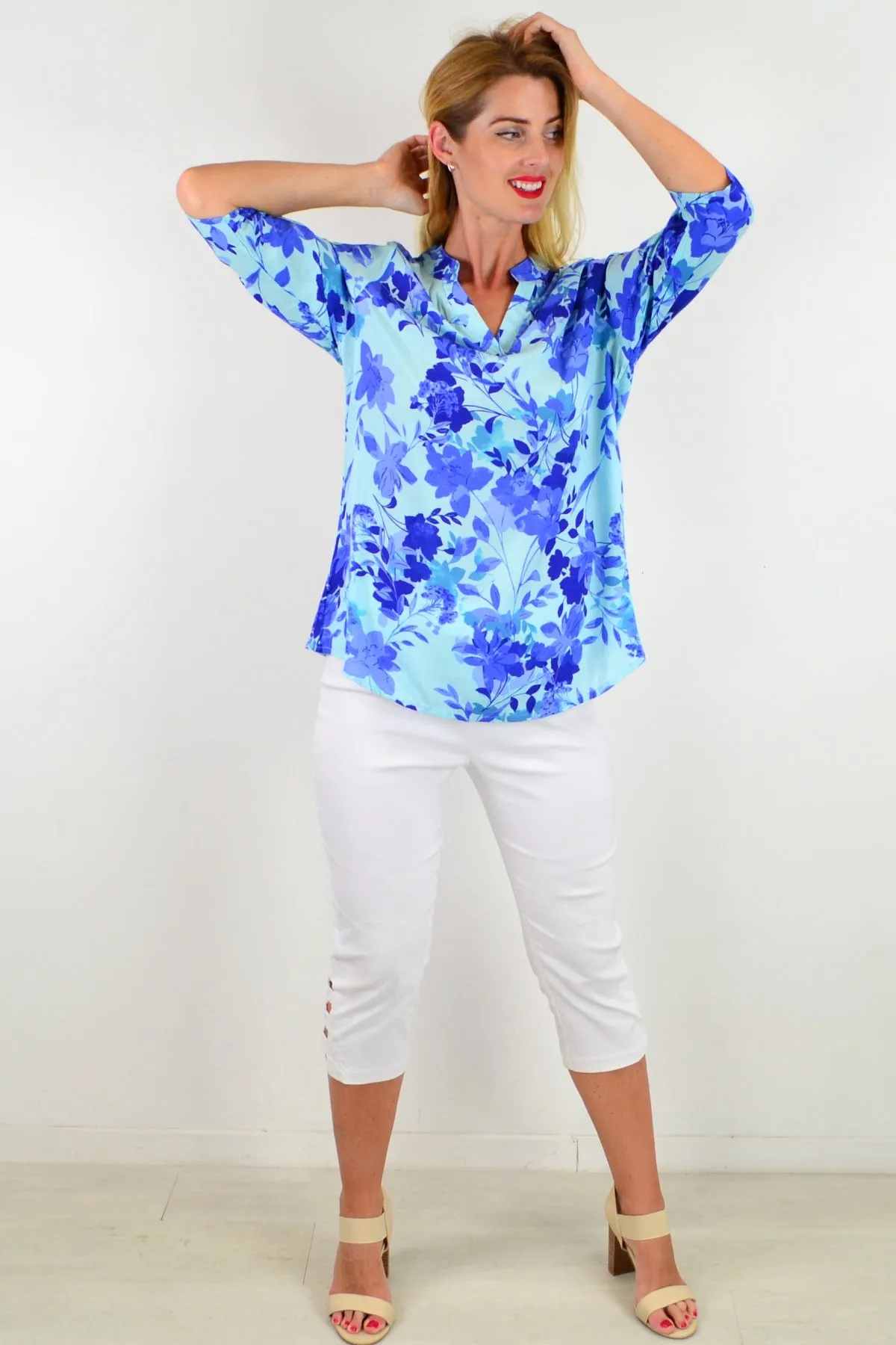 Blue Pop Of Colour Floral Tunic Top