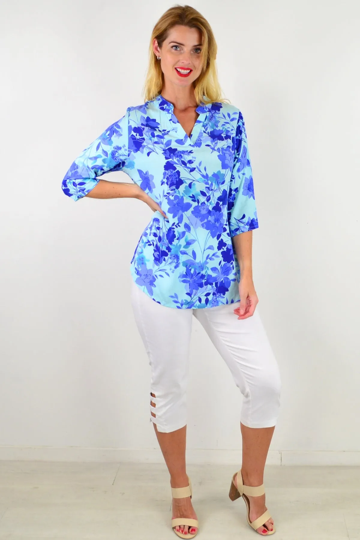 Blue Pop Of Colour Floral Tunic Top