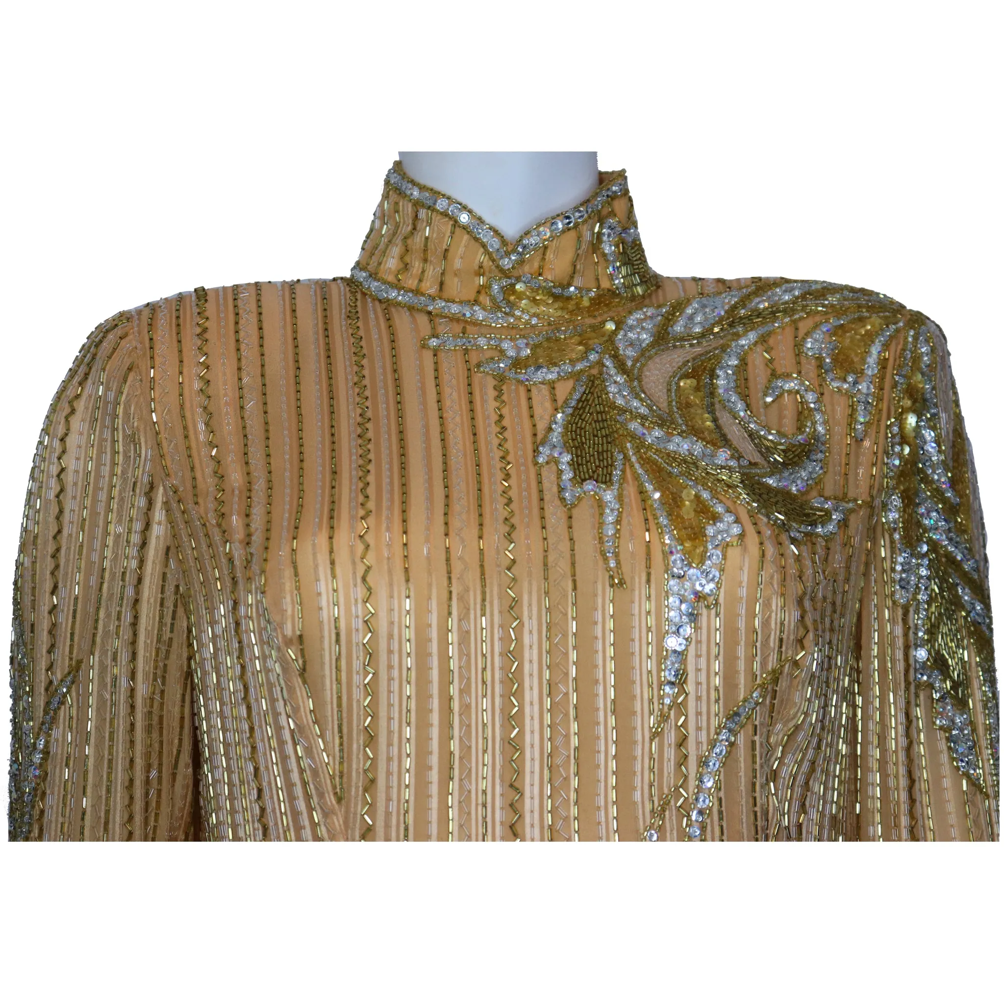 Bob Mackie High Collar Long Sleeve Gold Beaded Gown Circa 1990s