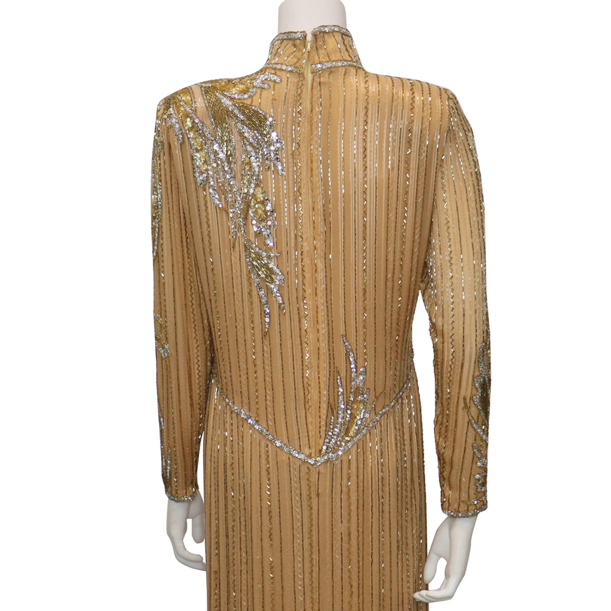 Bob Mackie High Collar Long Sleeve Gold Beaded Gown Circa 1990s