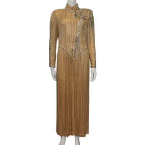 Bob Mackie High Collar Long Sleeve Gold Beaded Gown Circa 1990s