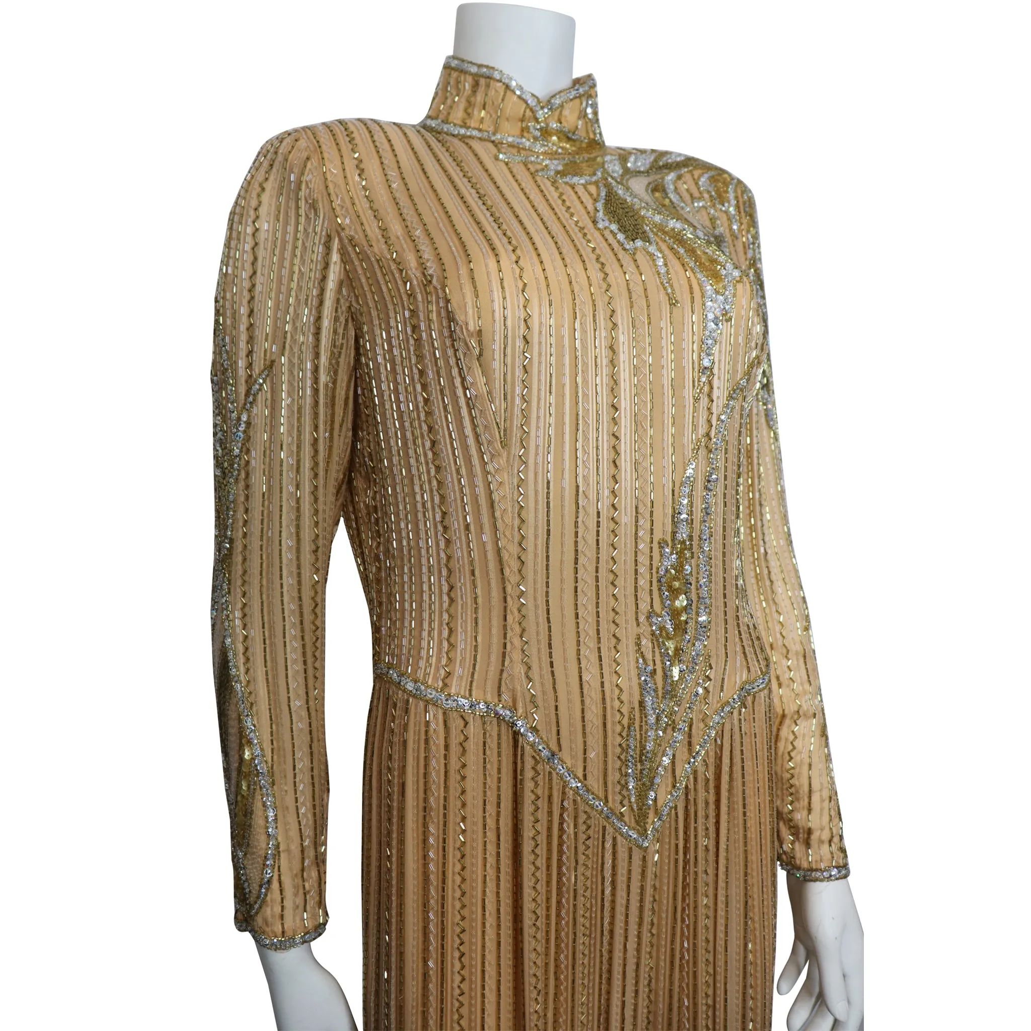 Bob Mackie High Collar Long Sleeve Gold Beaded Gown Circa 1990s