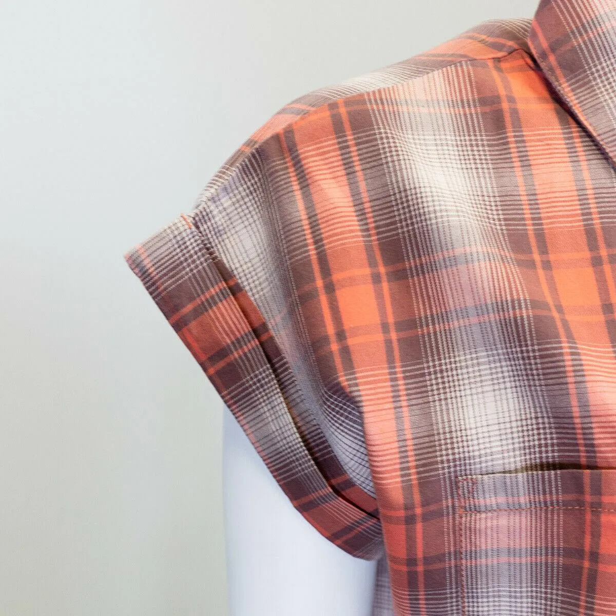 Branded  Women's Red Orange Ombre Plaid S/S Woven Shirt Vest (S03)