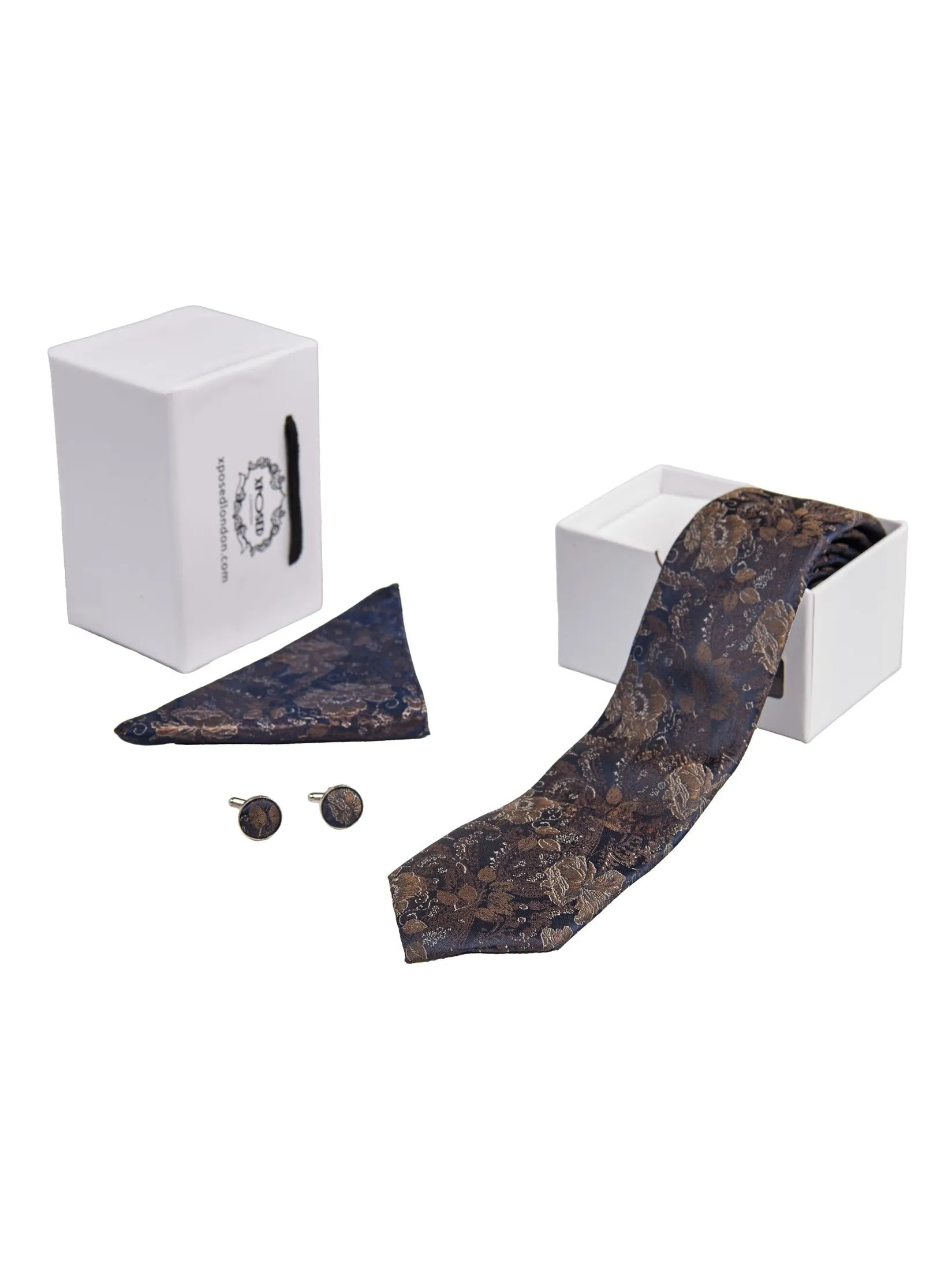 BROWN FLORAL FOLIAGE PRINT NECK TIE SET