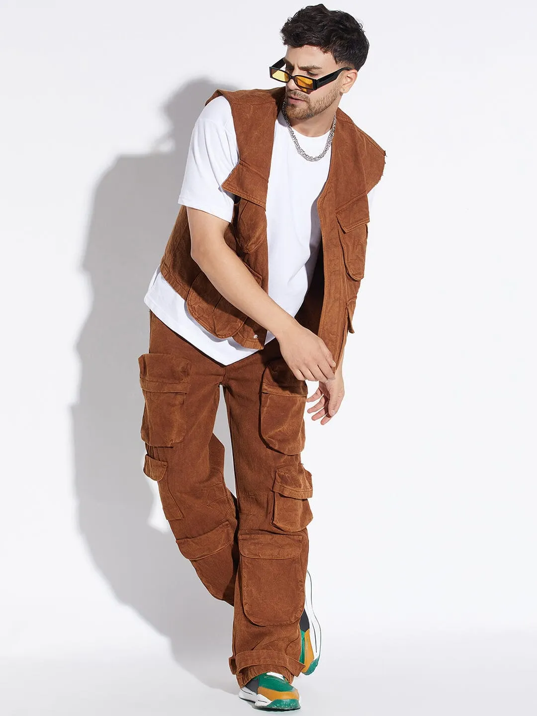 Brown Washed Denim Jacket and Pants Clothing Set