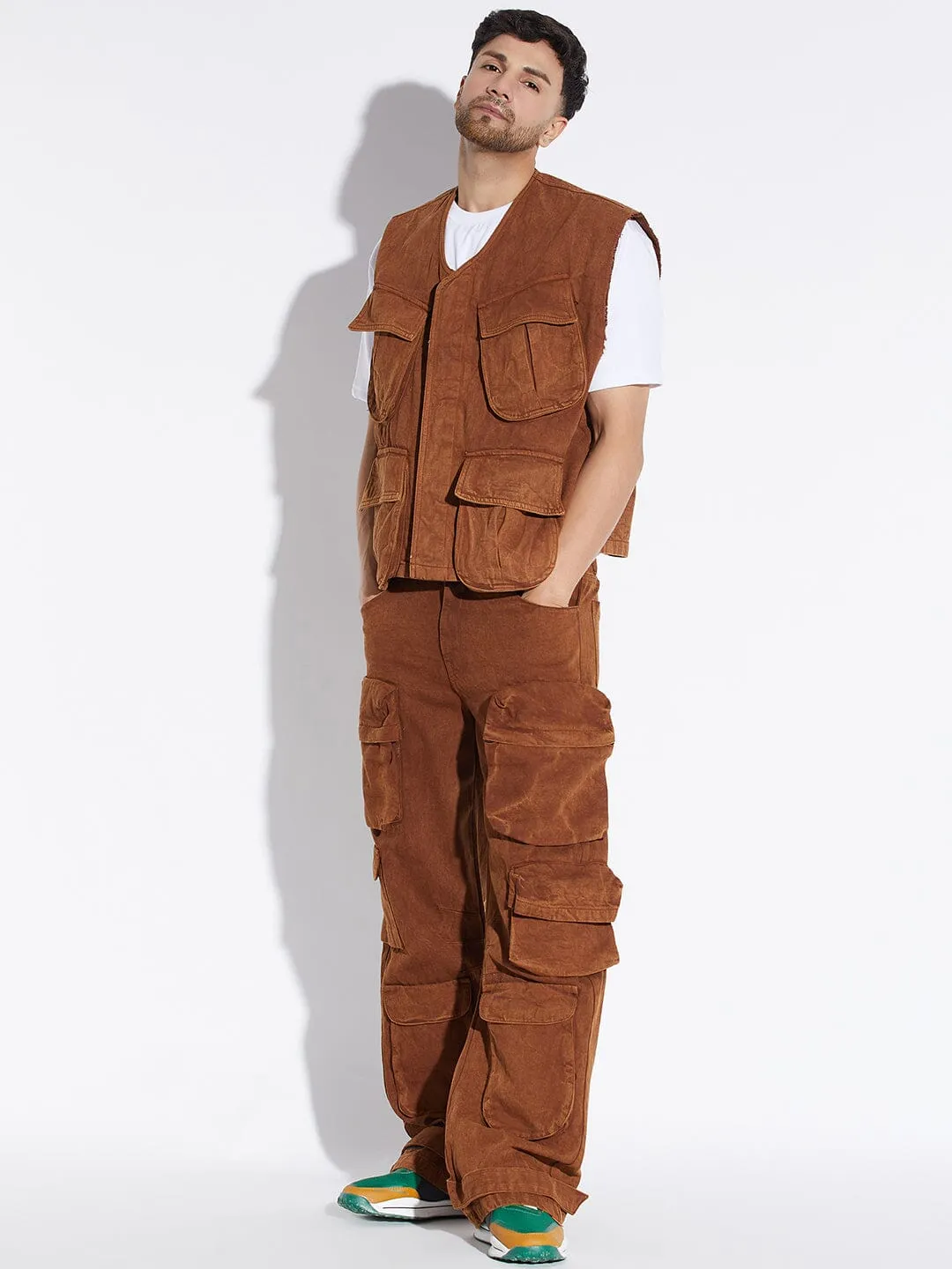 Brown Washed Denim Jacket and Pants Clothing Set