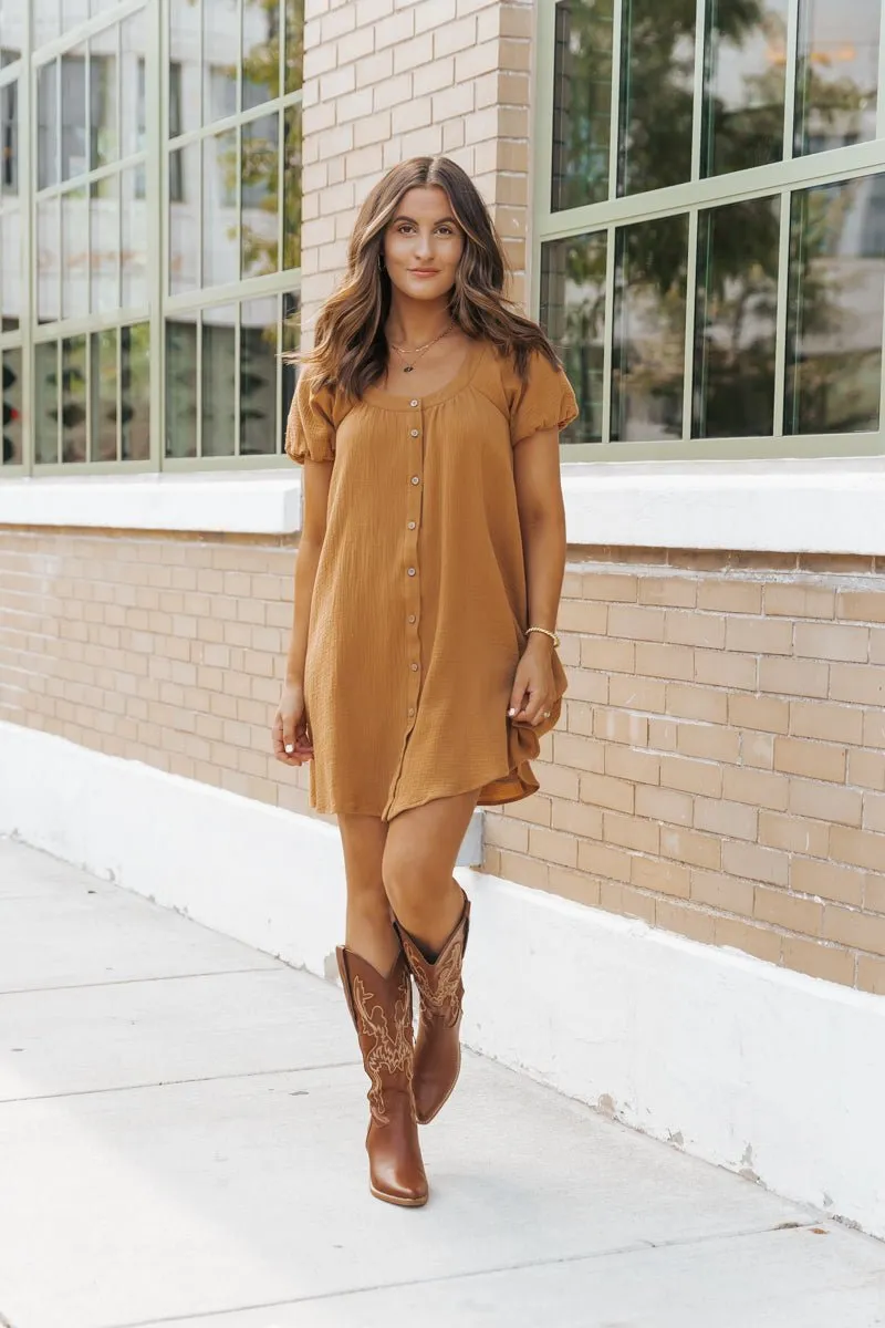 Camel Puff Sleeve Button Down Mini Dress