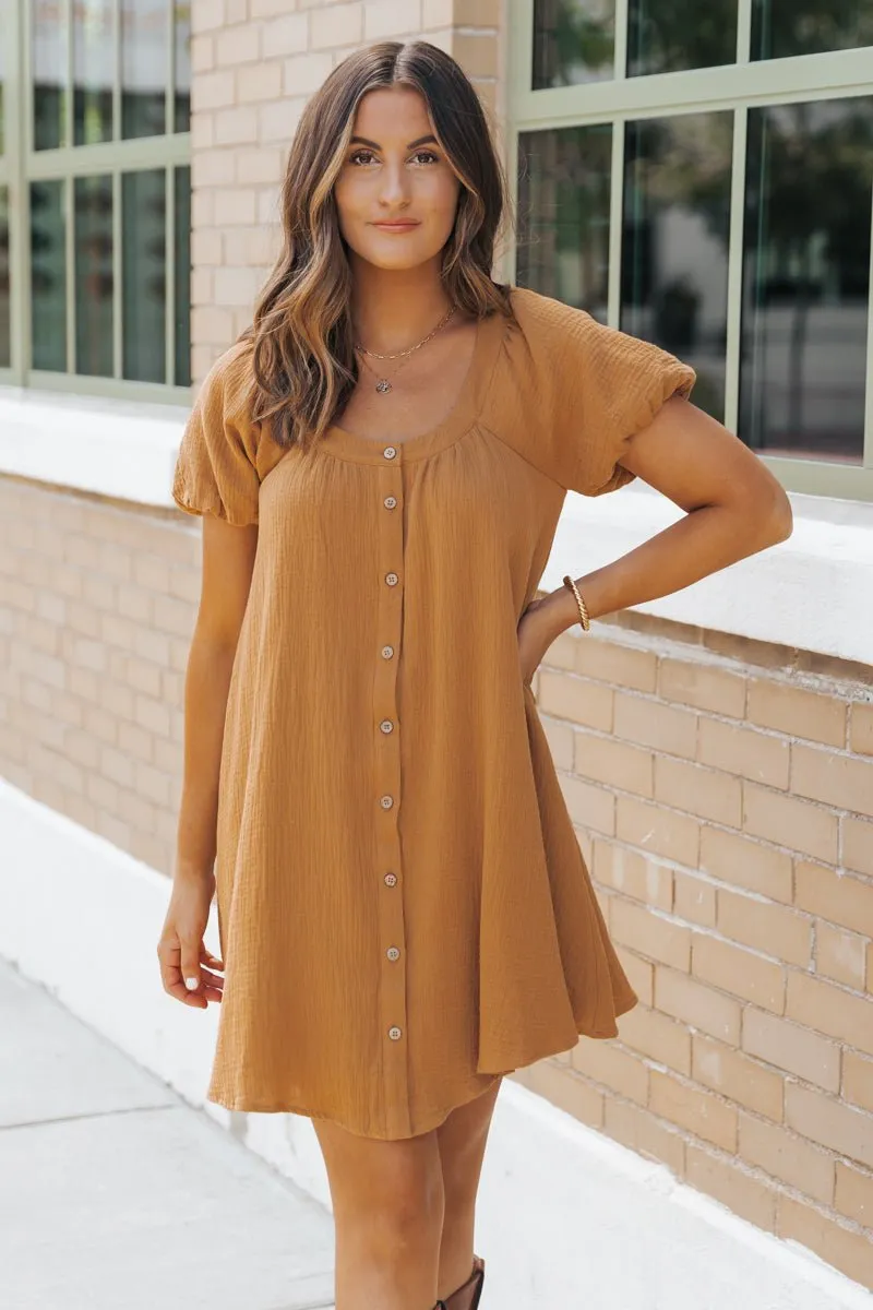 Camel Puff Sleeve Button Down Mini Dress