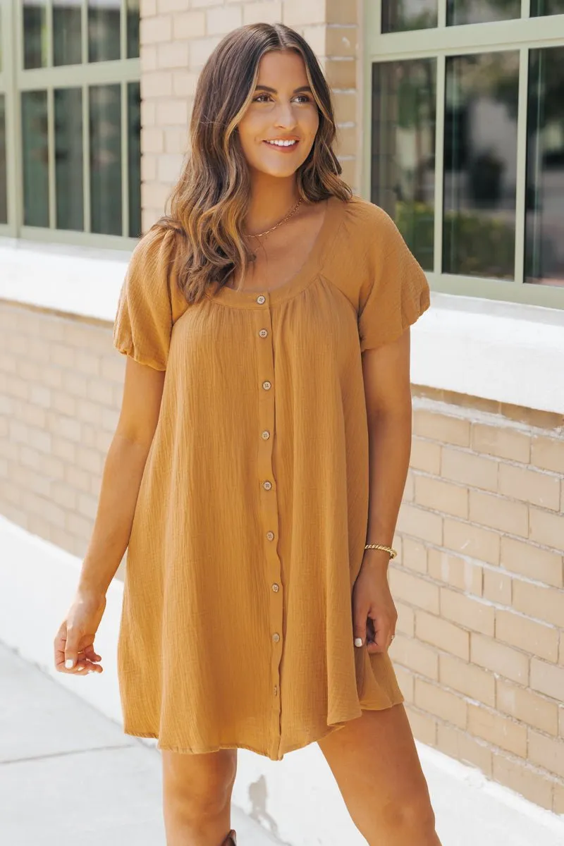 Camel Puff Sleeve Button Down Mini Dress