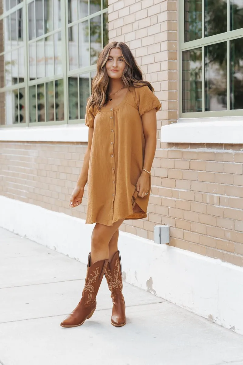 Camel Puff Sleeve Button Down Mini Dress