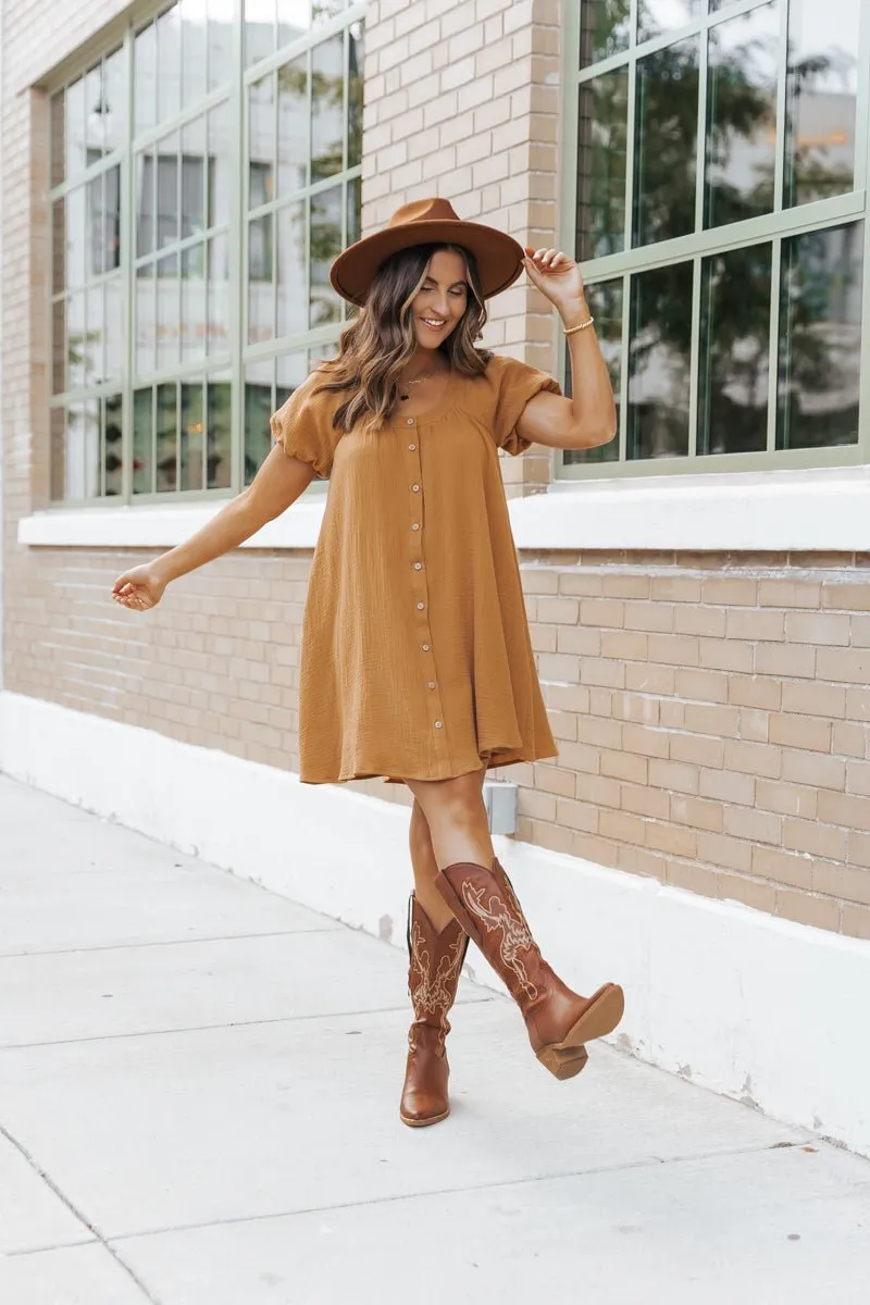 Camel Puff Sleeve Button Down Mini Dress