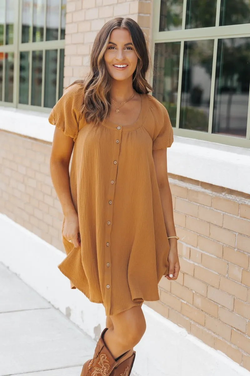 Camel Puff Sleeve Button Down Mini Dress