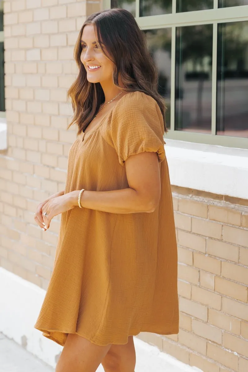 Camel Puff Sleeve Button Down Mini Dress